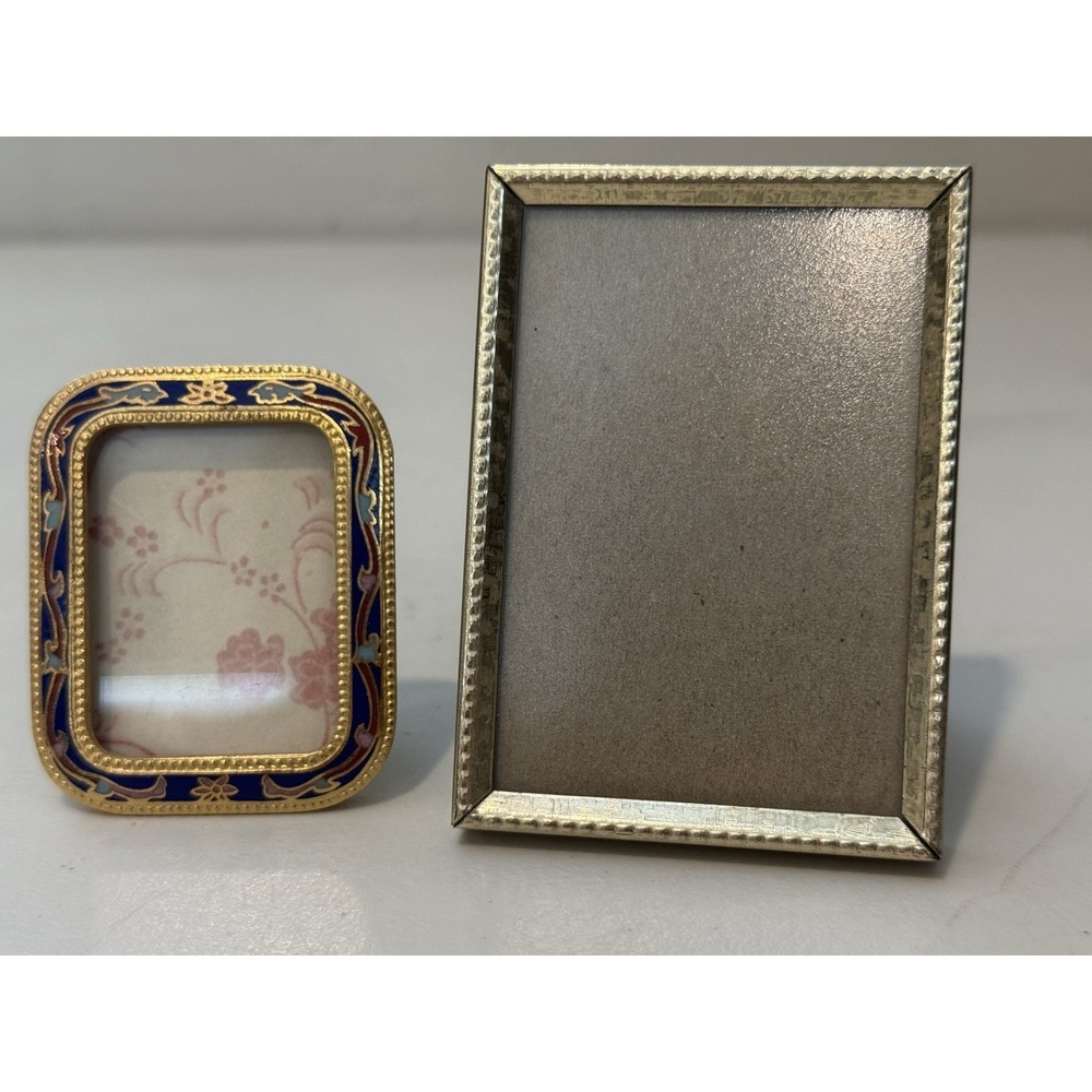 Vintage Pair Of 2 Miniature Gold Tone & Enamel Floral Frame Design Picture Photo
